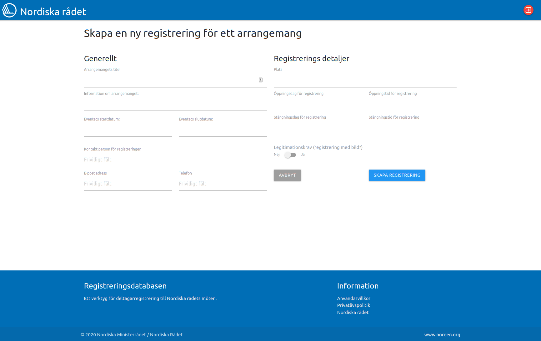 Screenshot of the Event registration tool