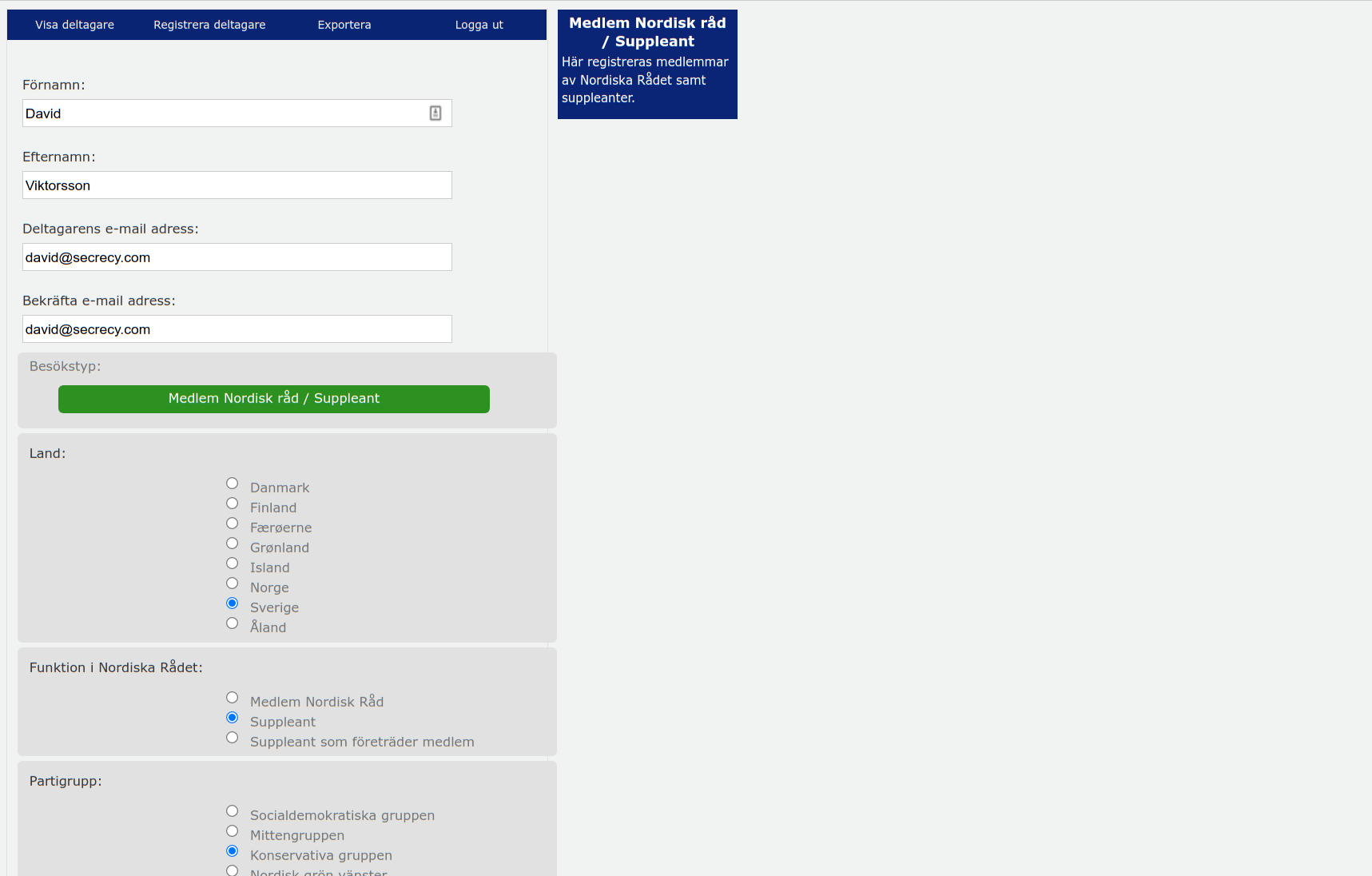 Screenshot of the registration tool